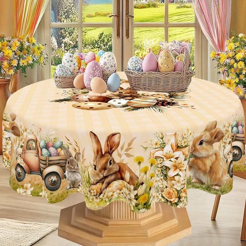 Vintage Easter Bunny Eggs Tablecloths Holiday Party Decor Spring Floral Rectangle/Round Table Cover Easter Decorations for Home