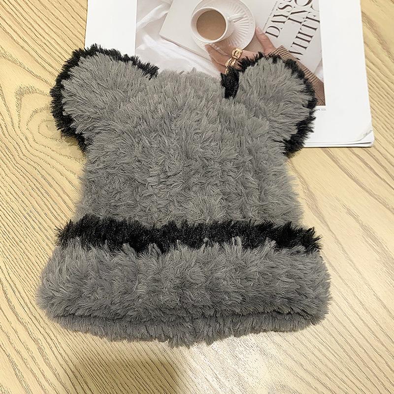 Plush hat female winter cute bear ears striped contrasting color new sweet contrasting color knitted wool hat