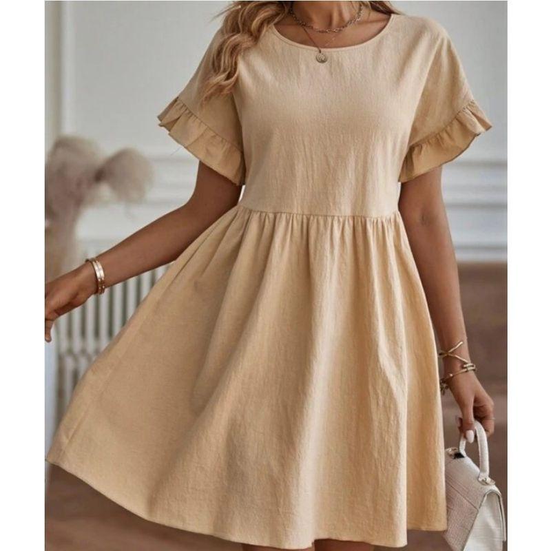 Solid-Color Pocket Women's Dress Solid Loose Short sleeve Women clothes round Neck Dress Women