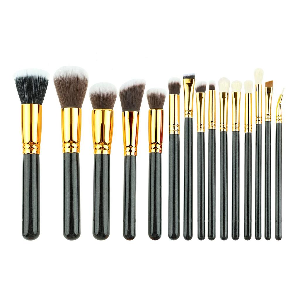 HMU Factory Professional Makeup Brushes Synthetic Hair Vegan Wood Handle Black Silver 15 Piece Makeup Brush Set With Pouch
