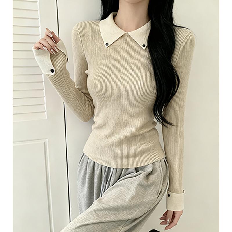 Old Money Style Elegant Knit Top: Slim Long Sleeve Lapel for Autumn/Winter Medium