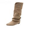 Mode Hiver Plissées Femme Bottes Montantes Genou Bout Pointu Chaussures à Élévation Interne Style Street Moderne Longues Botas Mujer
