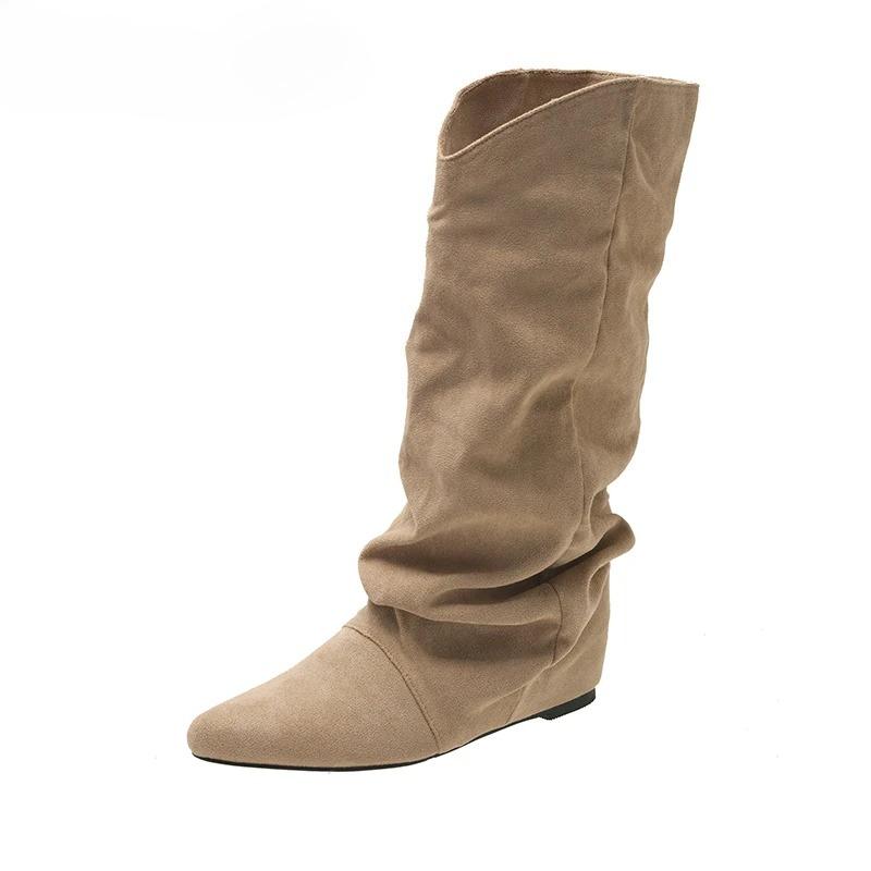 Mode Hiver Plissées Femme Bottes Montantes Genou Bout Pointu Chaussures à Élévation Interne Style Street Moderne Longues Botas Mujer