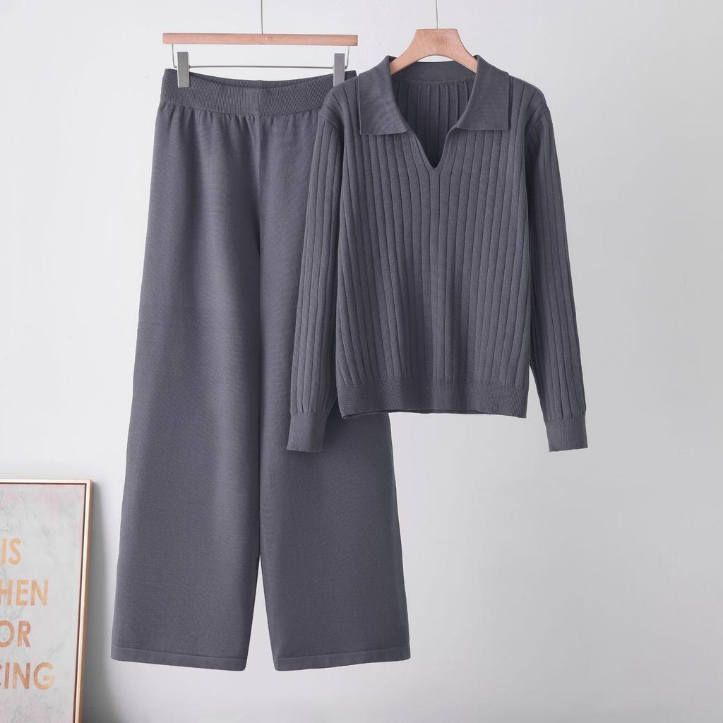 1116 Autumn and Winter New Solid Color Polo Neck Sweater Set Women's Fashion Skinny Versatile Casual Knitted Sweater Straight Pants