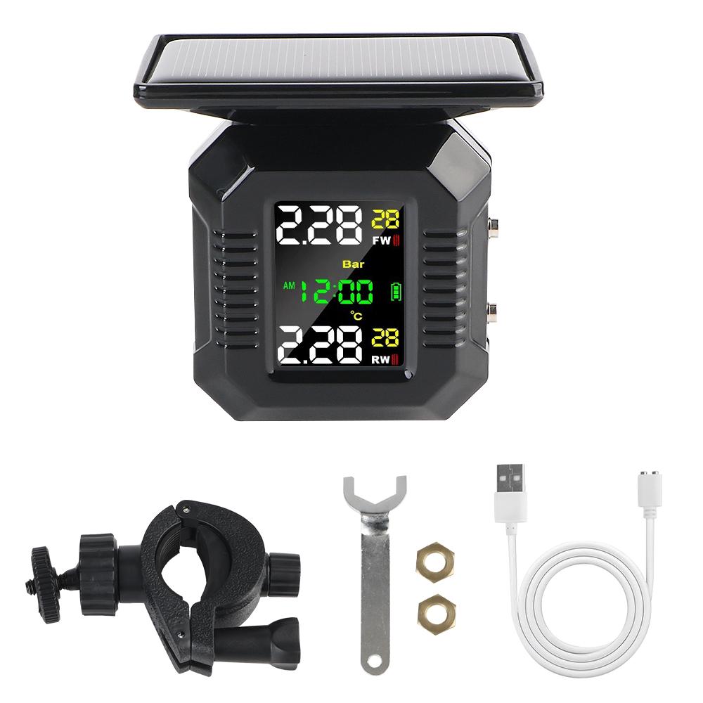 

Солнечная система TPMS, предупреждение о температуре, экономия топлива, монитор давления в шинах мотоцикла M10 с часами, 2 внешних датчика, интеллектуальный