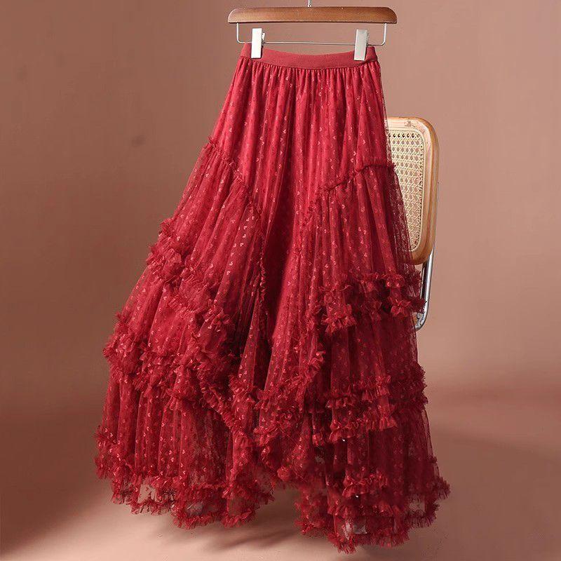 Qooth Plus Size Tulle Maxi Skirt Asymmetric Full Flare Tiered Skirt QT2731