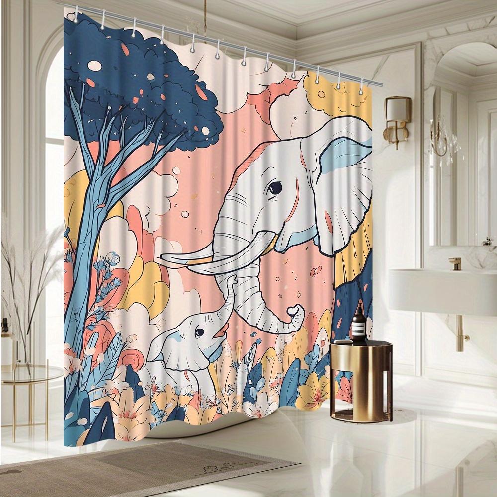 Elephant Family Shower Curtain, Illustrative Design With Calf, Floral & Pastel Colors, Fade-Resistant Polyester,Bath Decor