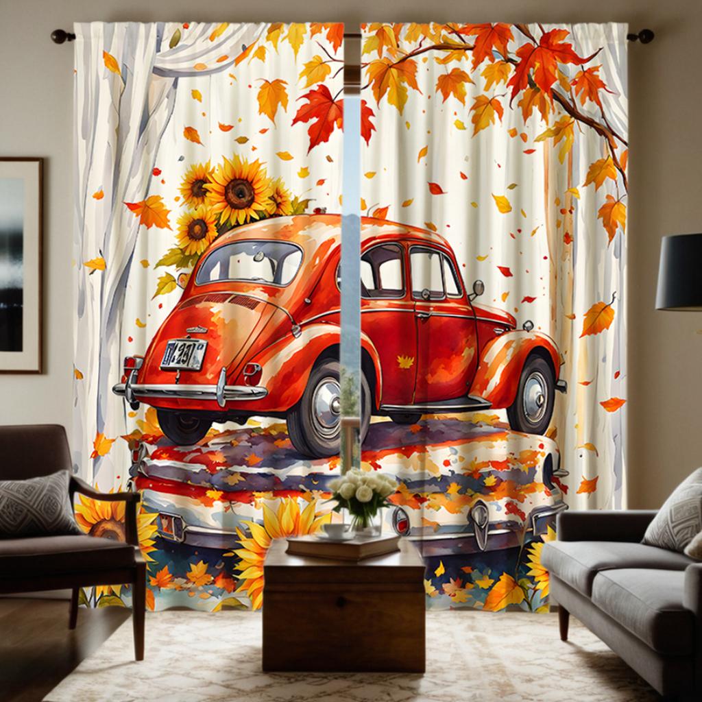 2pcs HD Autumn Maple Pickup Truck Decorative Curtain Yellow Tie Digital Printed Curtain Home Decoration Style Decoration Livi