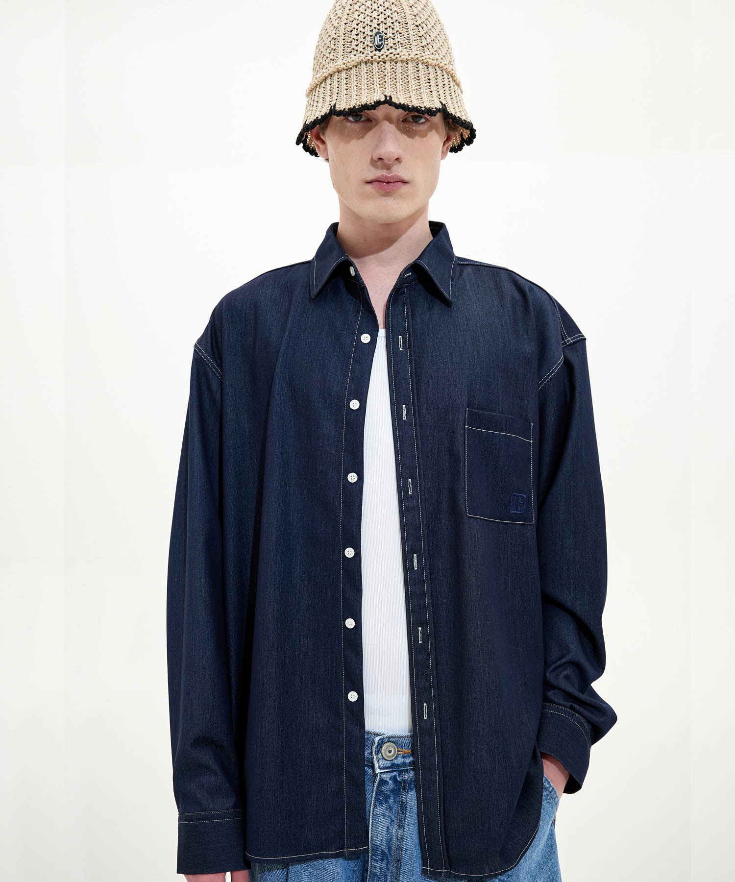 Triple Sense Wrinkle-Free Oversized Denim Shirt_Indigo Indigo Blue/L