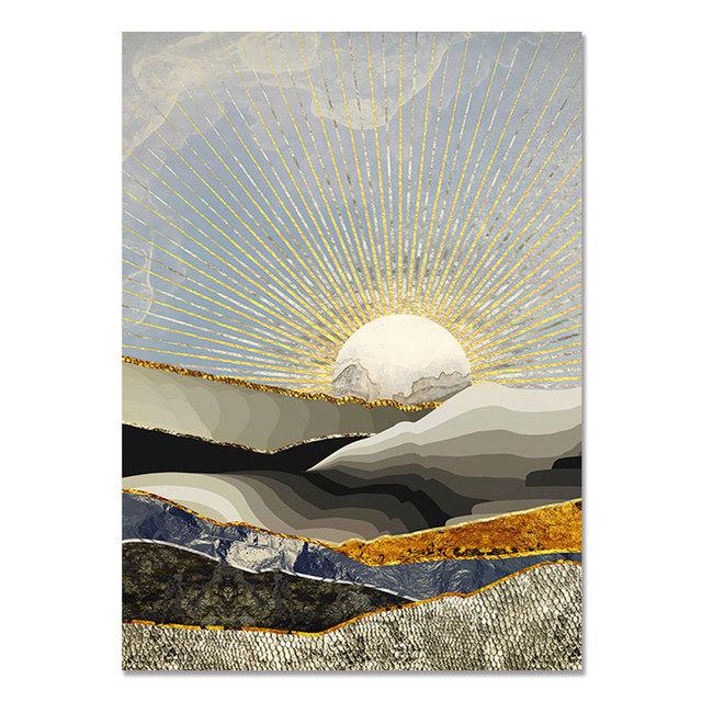 Retro Chinese Style Gold Flying Crane Abstract Sun Animal Canvas Painting Birds Posters Prints Wall Painting for the Living Room
