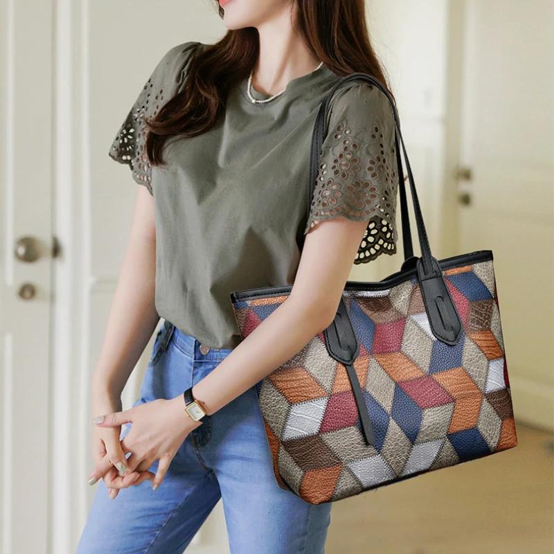 Hot Selling Casual Trend PU Splicing Large Capacity Crossbody Bag Fashi Youth Design Tote Bag Retro Elegant Women's Handbag