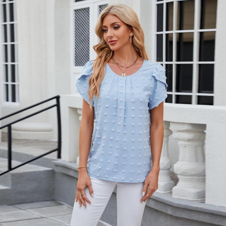 Tshirt Summer Solid Color Short Sleeve Women Round Neck Petal Sleeve Chiffon Jacquard Shirt Tops