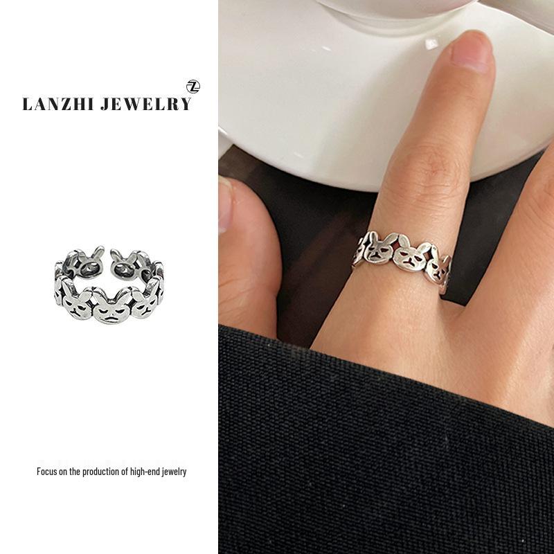 

Кольцо с кроликом из стерлингового серебра 925 пробы Lan Zhi - Женское, не тускнеющее, нишевый Ins-стиль, открытое украшение из чистого серебра Adjustable Open