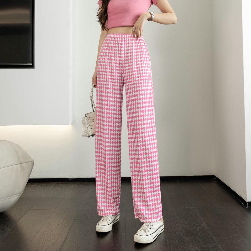 Women's High-Waist Plaid Wide-Leg Pants - Summer Slim Fit, Lightweight, Casual Drape Design