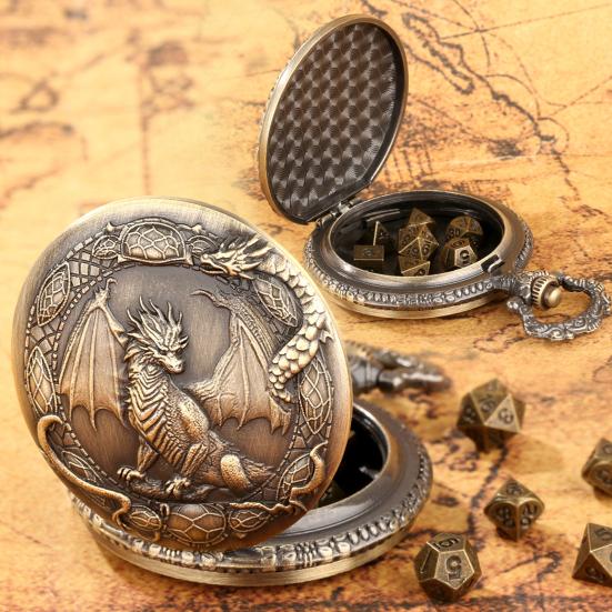 Metal Dice Set with Dragon Pocket Watch Case 7 Dices Portable Vintage Multi-side Game Dice Family Night Party Board Game