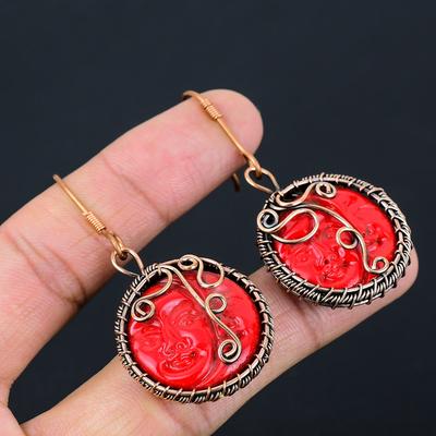 Natural Red Cameo Face Gemstone Handmade Copper Wire Wrap Earring 2.36 L8h06