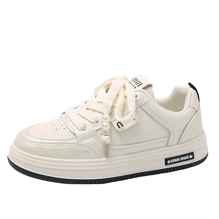 2024 New Women Leathe Flat Shoes Autumn Fashion Breathable Vulcanized White Sports Lace Up Thick Soled Casual Shoes for Women