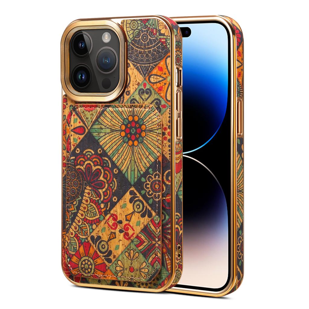 For iPhone 15 Pro Max Card Slots Kickstand Phone Case PU Leather Coated PC+TPU Flower Pattern Printed Cover