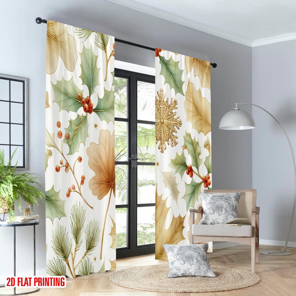Set Of 2 Flat Printing Merry Christmas Curtains Holly Berries Pine Leaves Digital Printed Polyester Drapes Party Curtain