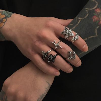 Anel Estrela de Cinco Pontas Vintage para Homens High-End Hip-Hop Personalidade Estilo Escuro Conjunto de Anéis Joias Masculinas