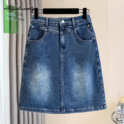 Übergröße Sommer Damen Denim A-Linienrock Hohe Taille Gewaschene Baumwolle Blau Gerader Rock Vintage Elegant Feminin Damen Basic Rock XL-5XL