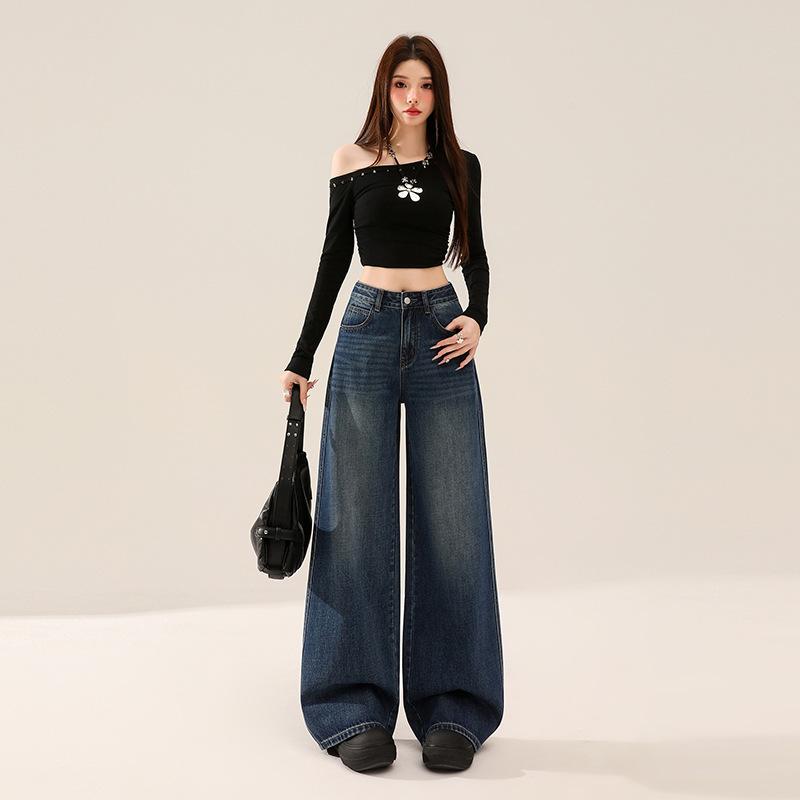 Retro Street American Back Bag Flip Design Jeans Women's New Loose High Waist Versatile Mopping Wide Leg Pants Tide