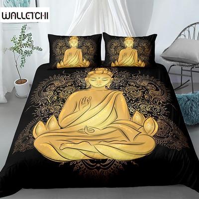 King Size Buddha Duvet Cover Set Exotic Ethnic Bohemian Bedding Golden Buddha Print Microfiber Quilt Cover