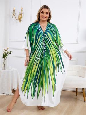 Oversize Women Kaftan Robe Outfit Bohemian Printed Vacation Chinese Knot V-neck House Bathing Suit Cover Up Q1588