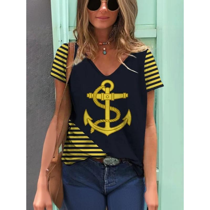 Stripe Graphic 3D T Shirt Women Summer V-Neck Short Sleeve Tops Holiday Casual Tees Woman Streetwear Oversized T-shirt