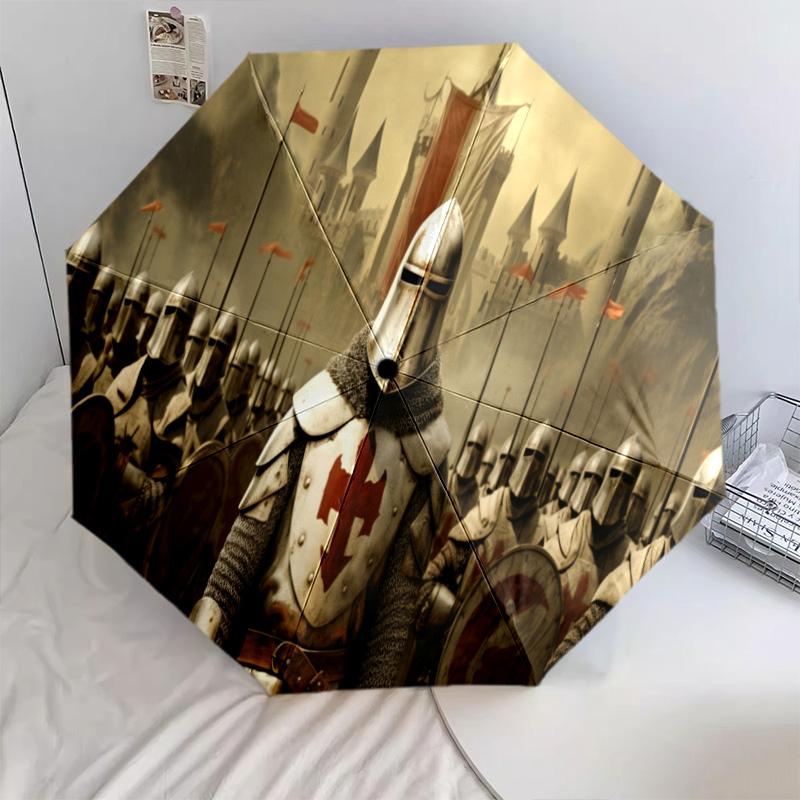 1PC Knightly Crusader Emblem Automatic Umbrella - Suitable Travel Outdoor Portable Umbrella Birthday Gift Daily Essentials