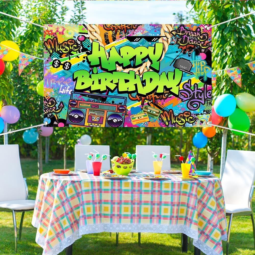 Hip Hop Birthday Banner 70.8x43.3 Inch Polyester Graffiti Colorful Party Decor with Music, Dance, Street Art Design for Birthday Parties, Hip Hop