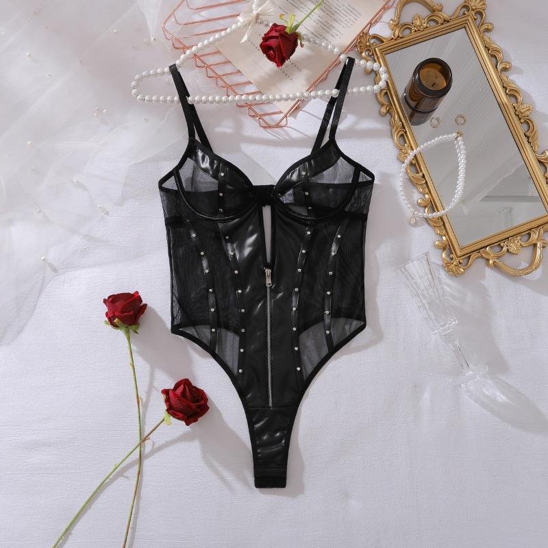 Sexy Sheer Mesh Spliced Pu Leather Slim Rivet Shaping Bodysuit For Women