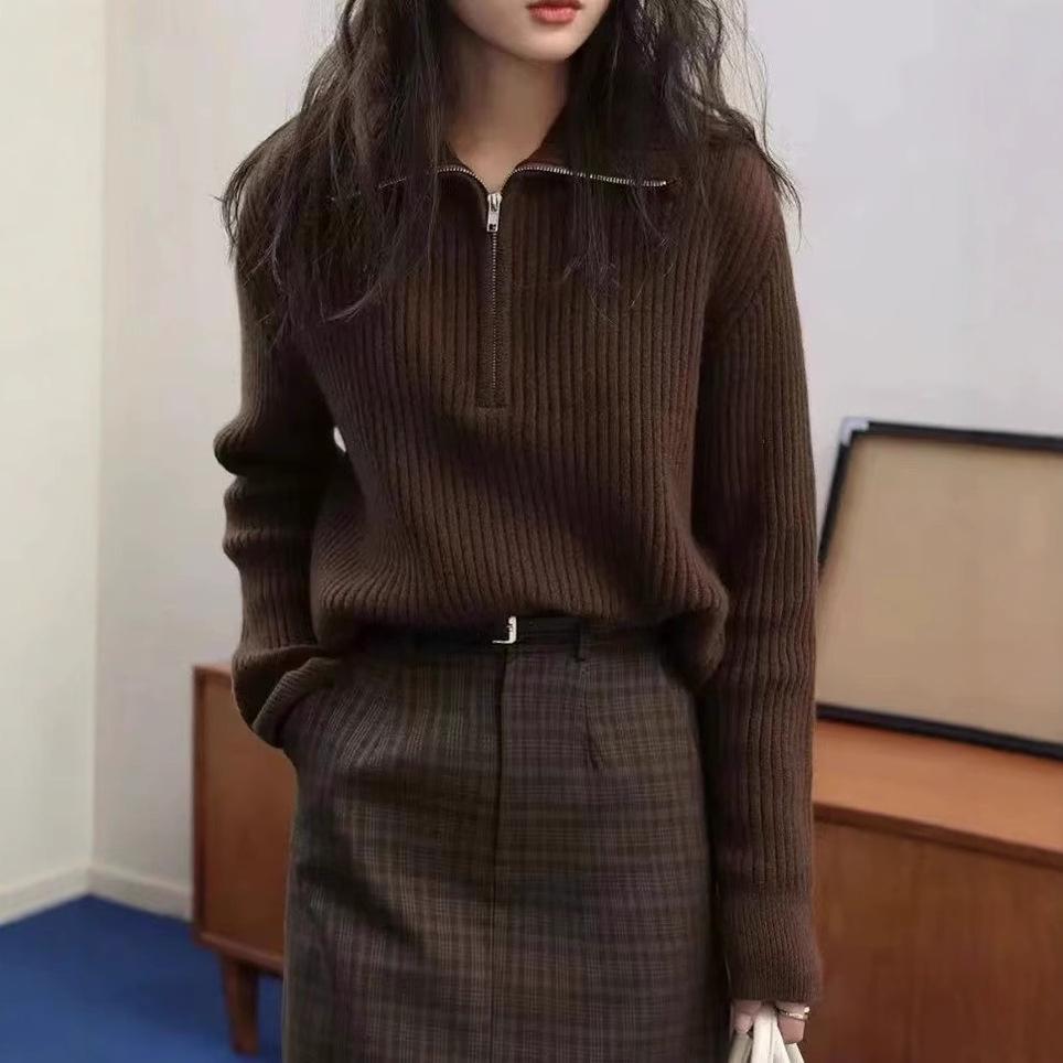 Women's High-End French Cashmere Sweater - Solid Color, Long-Sleeved, Lapel Knit Top