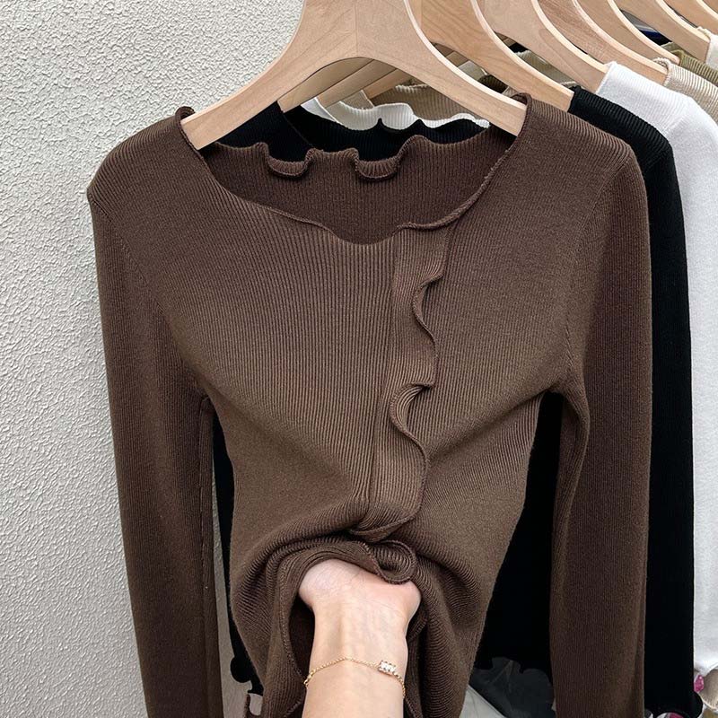 Sweater for Women Autumn Winter Thickened Warm Knitted Stretchy Long Sleeve Solid Color Round-neck Tops