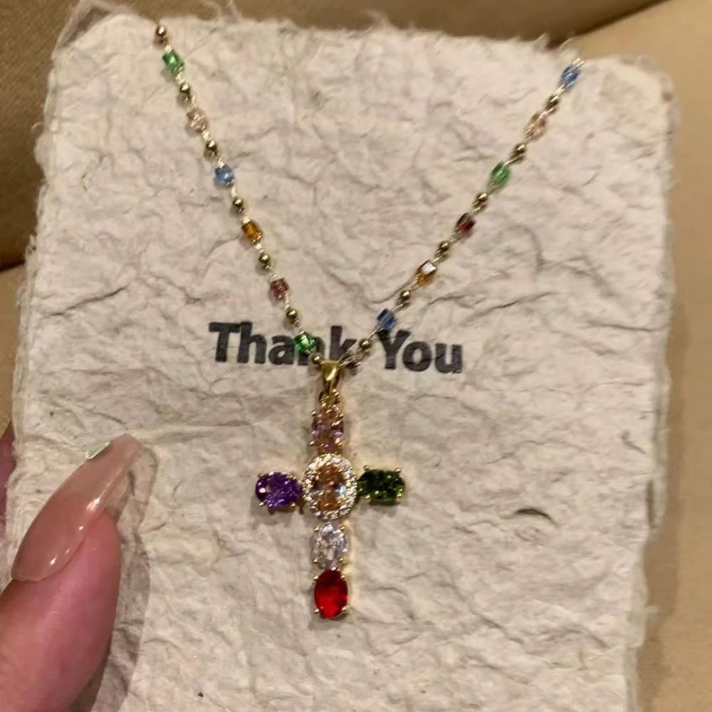 Colorful Zircon Beads Necklaces Crystal Beaded Clavicle Chain Cross Pendant Necklace  Beaded