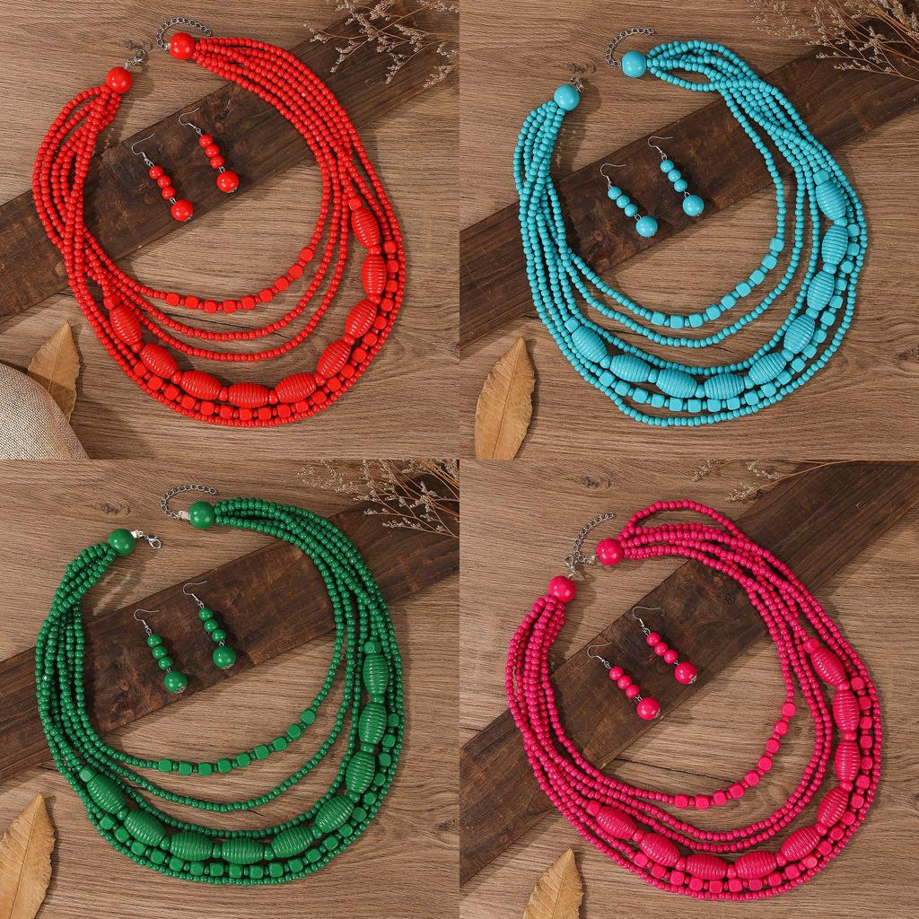 Set di Collana e Orecchini in Perline di Legno Geometriche Bohemien per Feste