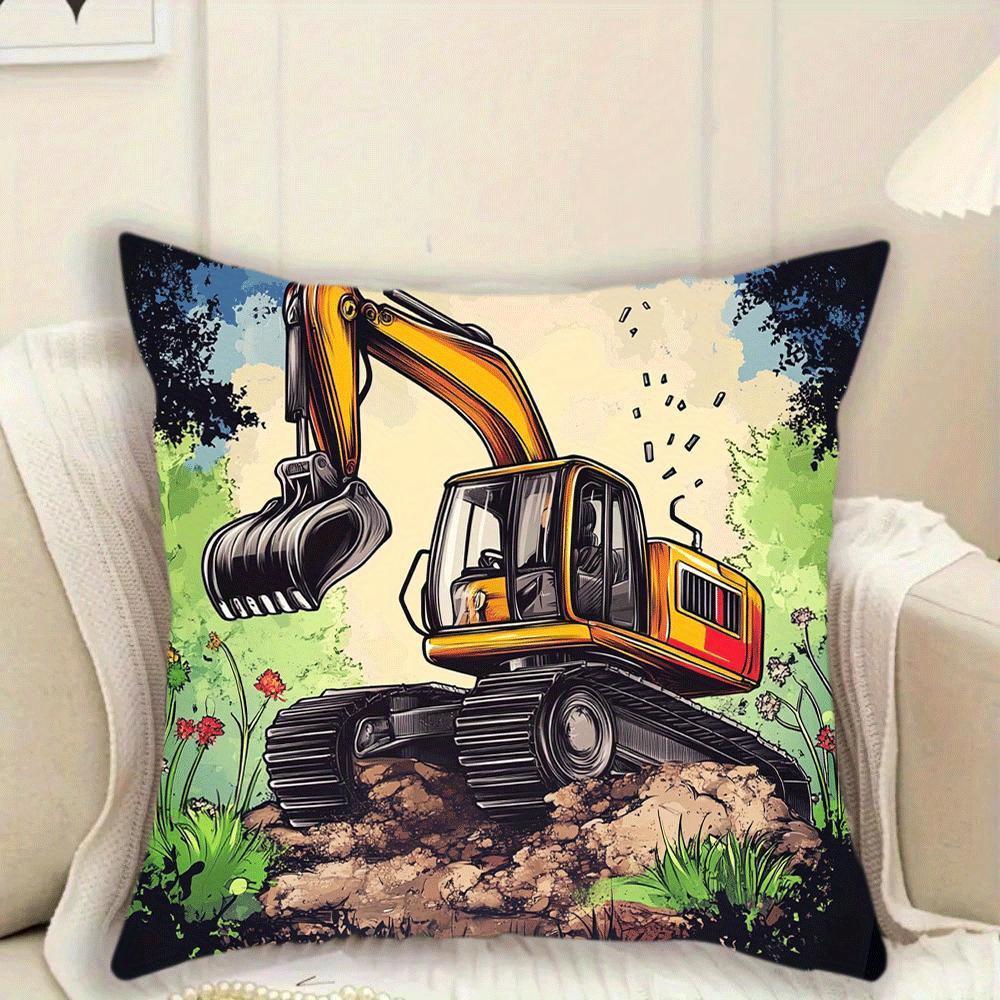 1pc Excavator Adventure Throw Pillow Cover - Vibrant Yellow & Black Construction Vehicle Design, Durable Polyester, Machine Washable with Zipper Closu