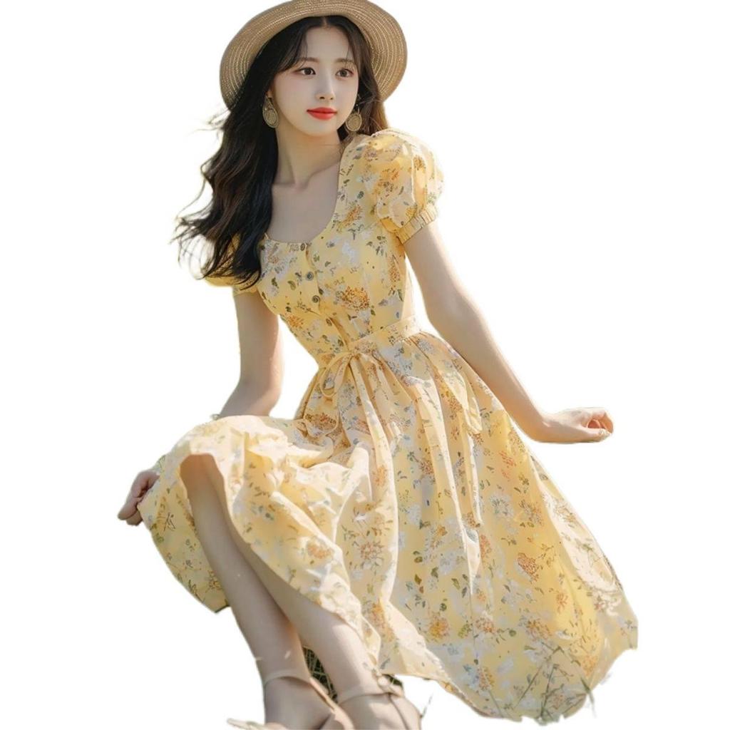 French-Inspired Yellow Floral Dress: Sweet, Fresh, Flirty Summer Style, Perfect for Dates, Age-Defying Women's Fashion.