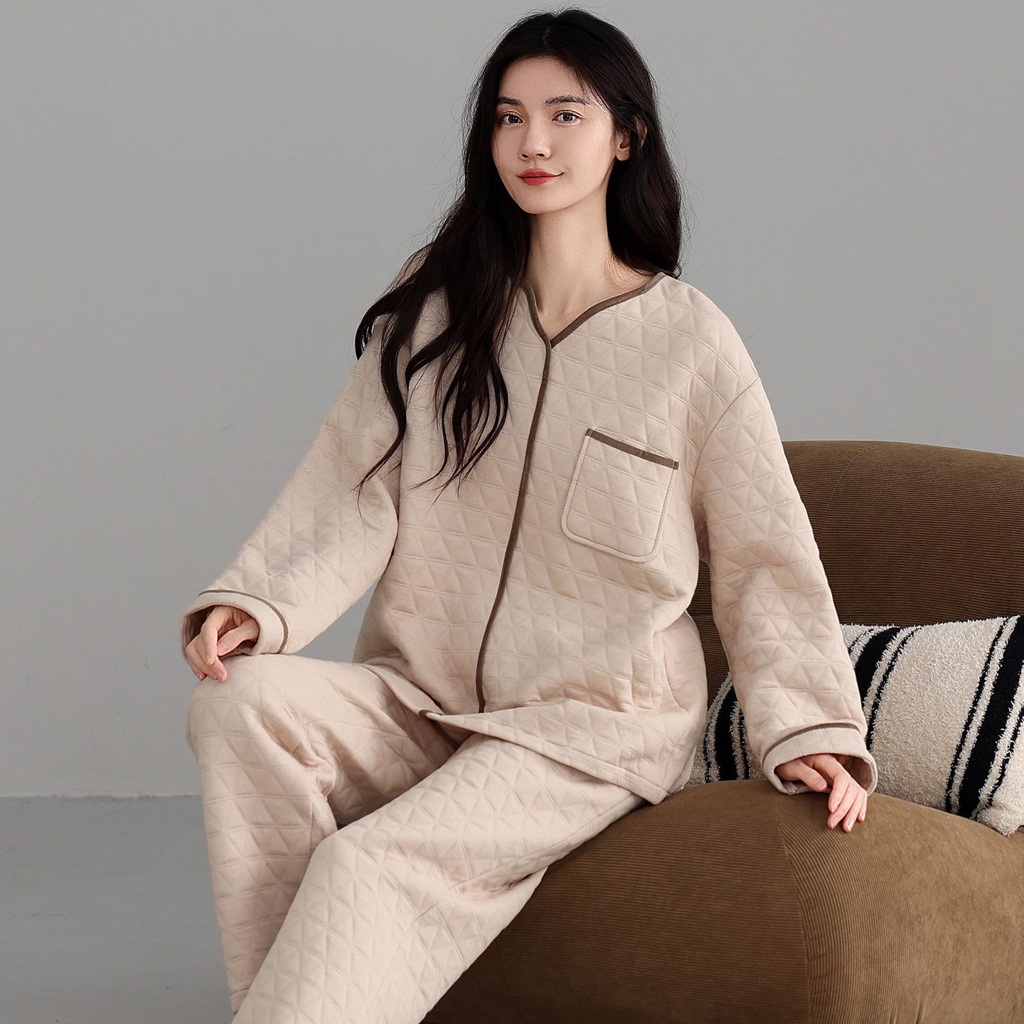 

Pajamas Ladies Autumn And Winter Cotton Long Sleeve Sandwich Air Cotton Thickened Ladies Loungewear Set 2XL