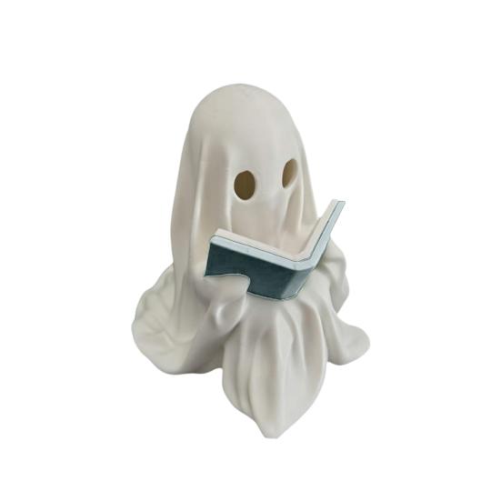 Cute Ghost Reading Book Figurine Small LED Lighted Halloween Ghost Statue for Home синий