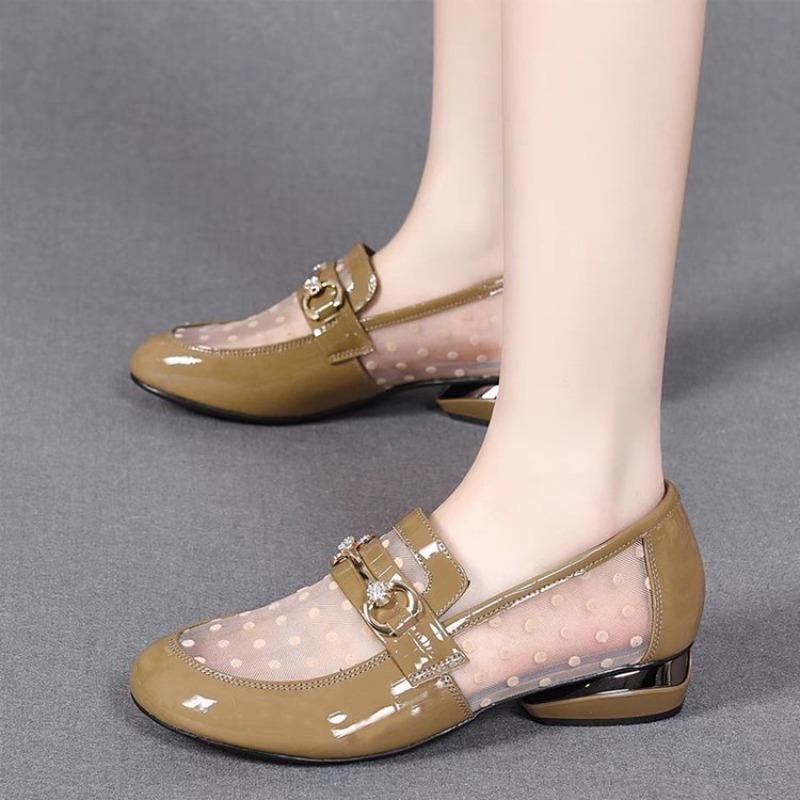 Fashion Lace Breathable Womens Pacthwork Leather Shoes Loafers Summer New Mesh Comfortable Casual Shoes Pumps Office Women Shoes Sandals