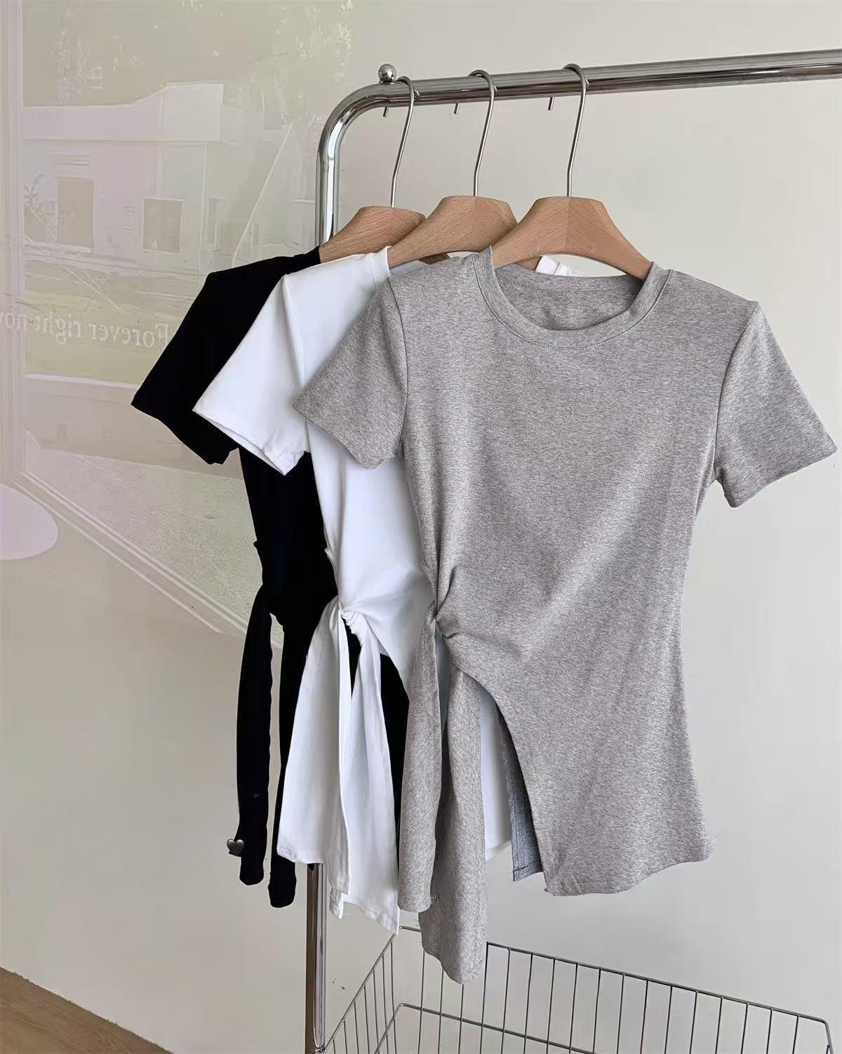 

waist strap solid color short-sleeved T-shirt women s summer new Korean version round neck versatile pullover student top tide S серый