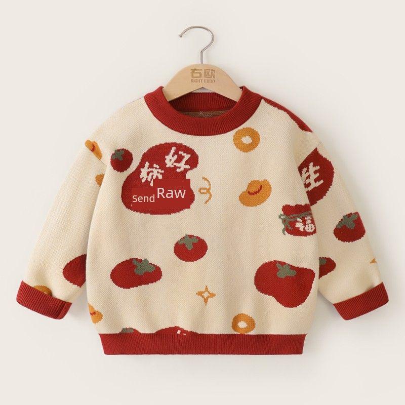 Boys' New Year Sweater, Round Neck Knitwear, Winter Clothing, Autumn and Winter Style, Red Children's Baby Toddler Top, Winter Trendy