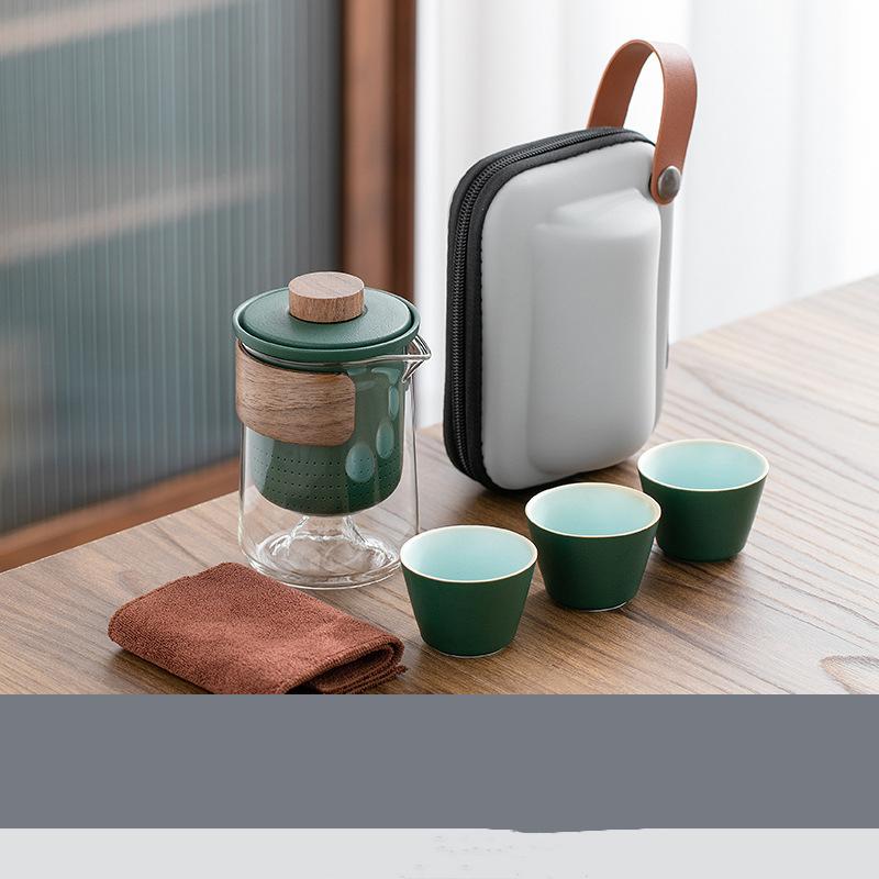 4pcs Camping Cup Travel Tea Set Kung Fu Tea Set Glass 1 Pot 3 Ceramic Cup Outdoor Teapot Small Set Cup Set