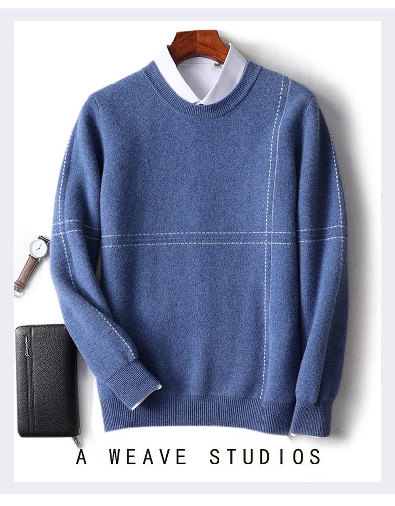 Men's Loose Round Neck 100% Wool Autumn & Winter Thick Knit Pullover Sweater