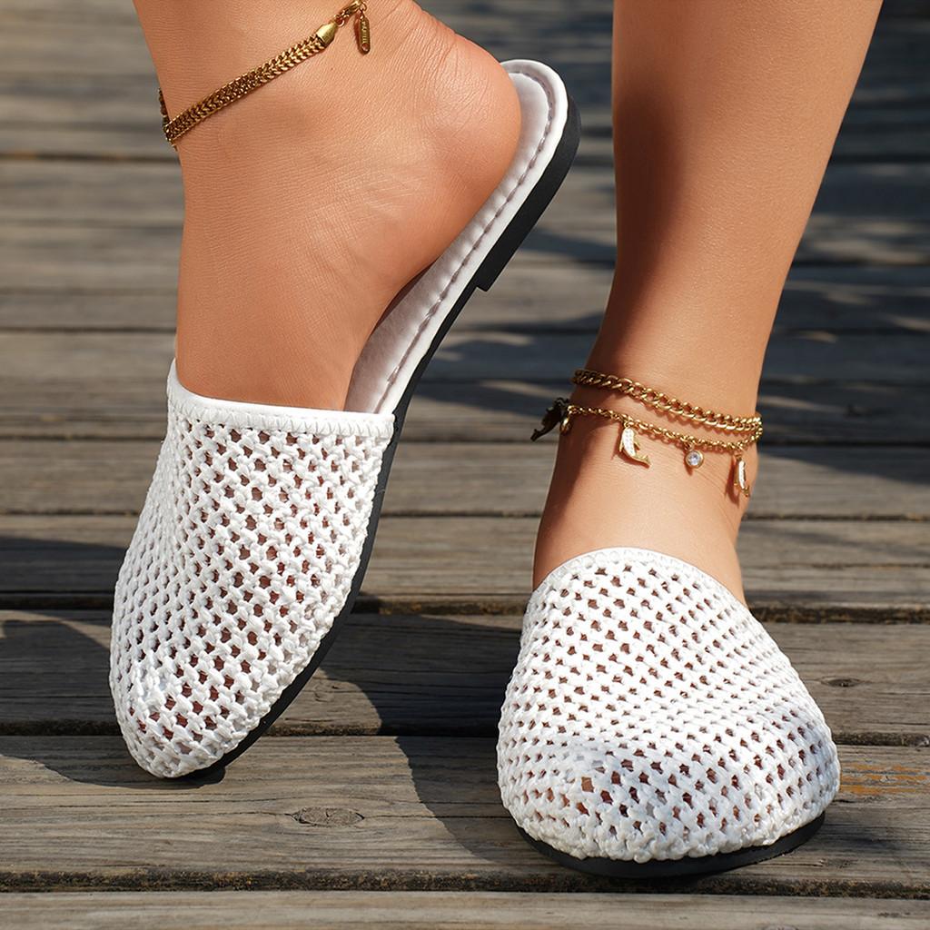 Womens Summer Open Toe Knit Mesh Slip On Flat Shoes For Daily Comfort