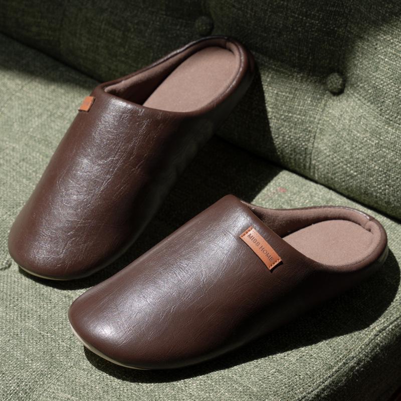 New Japanese-style PU leather silent home slippers autumn and winter couple home velvet warm non-slip cotton slippers