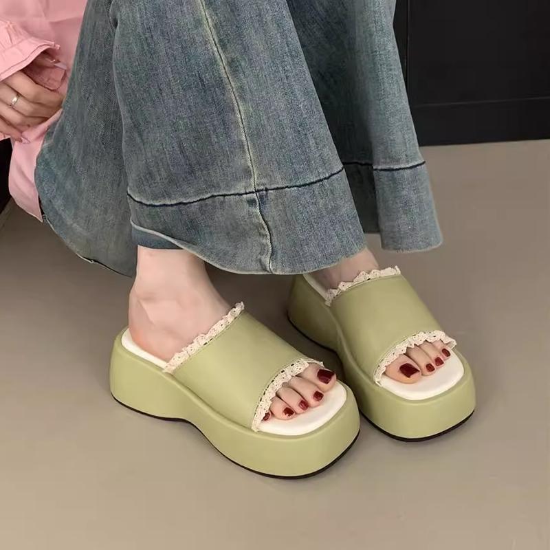 French Thick Heel Women's Open-Toe Summer Outdoor Lace Trim Sweet Slippers Rubber Sole Microfiber Material Ladies Slippers