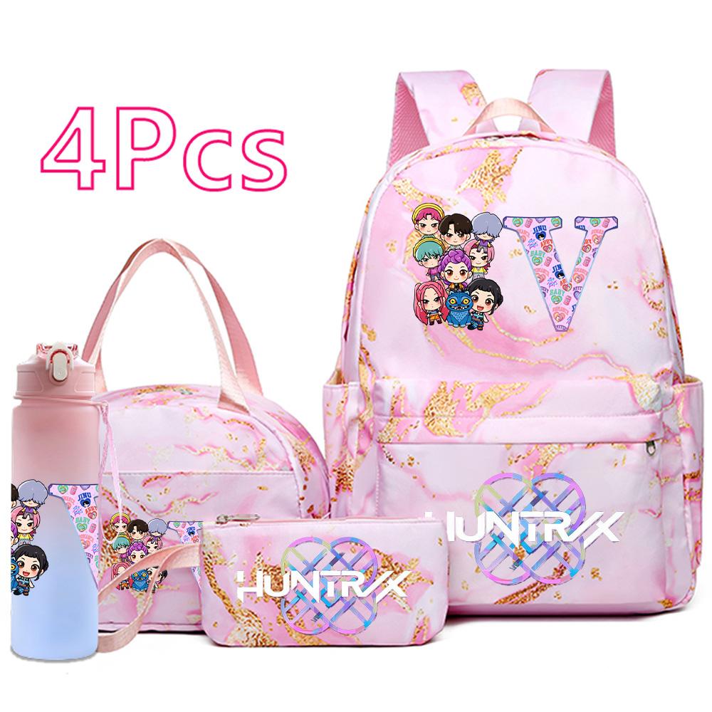 4Pcs/set Anime K-Pop Printed Backpack Handbag Pencil Case 750Ml Water Bottler for Teenager Boy Girl Schoolbag Large Capacity Bookbag Kid Gift Mochila