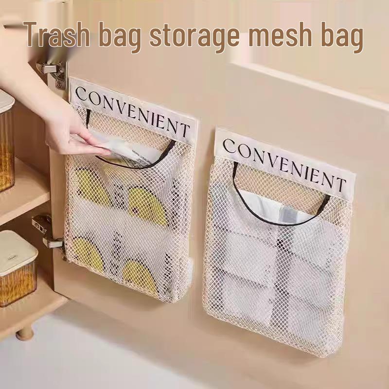 Wall-Mounted Large Capacity Kitchen Trash Bag Storage with Velcro Mesh Pocket